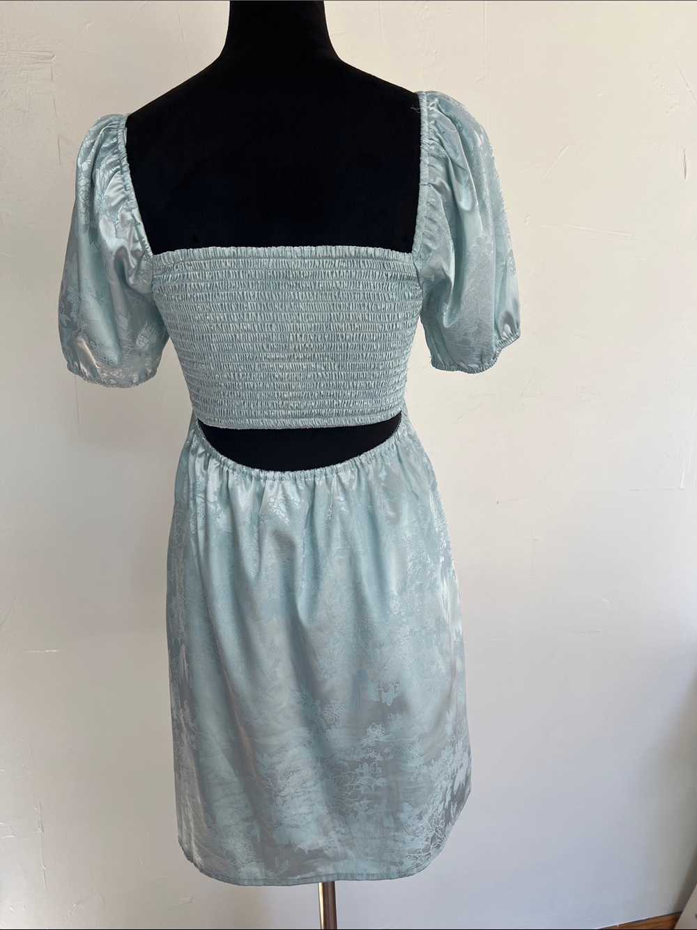 Altar'd State Light Blue Satin Puff Sleeve Ruched Mini Dress milkmaid babydoll - Picture 3 of 8